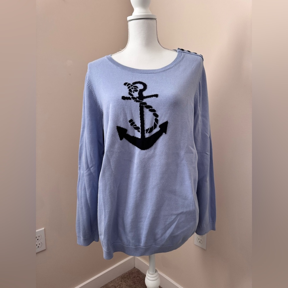 Talbots Light Blue Knit Sweater with Dark Blue Anchor Design